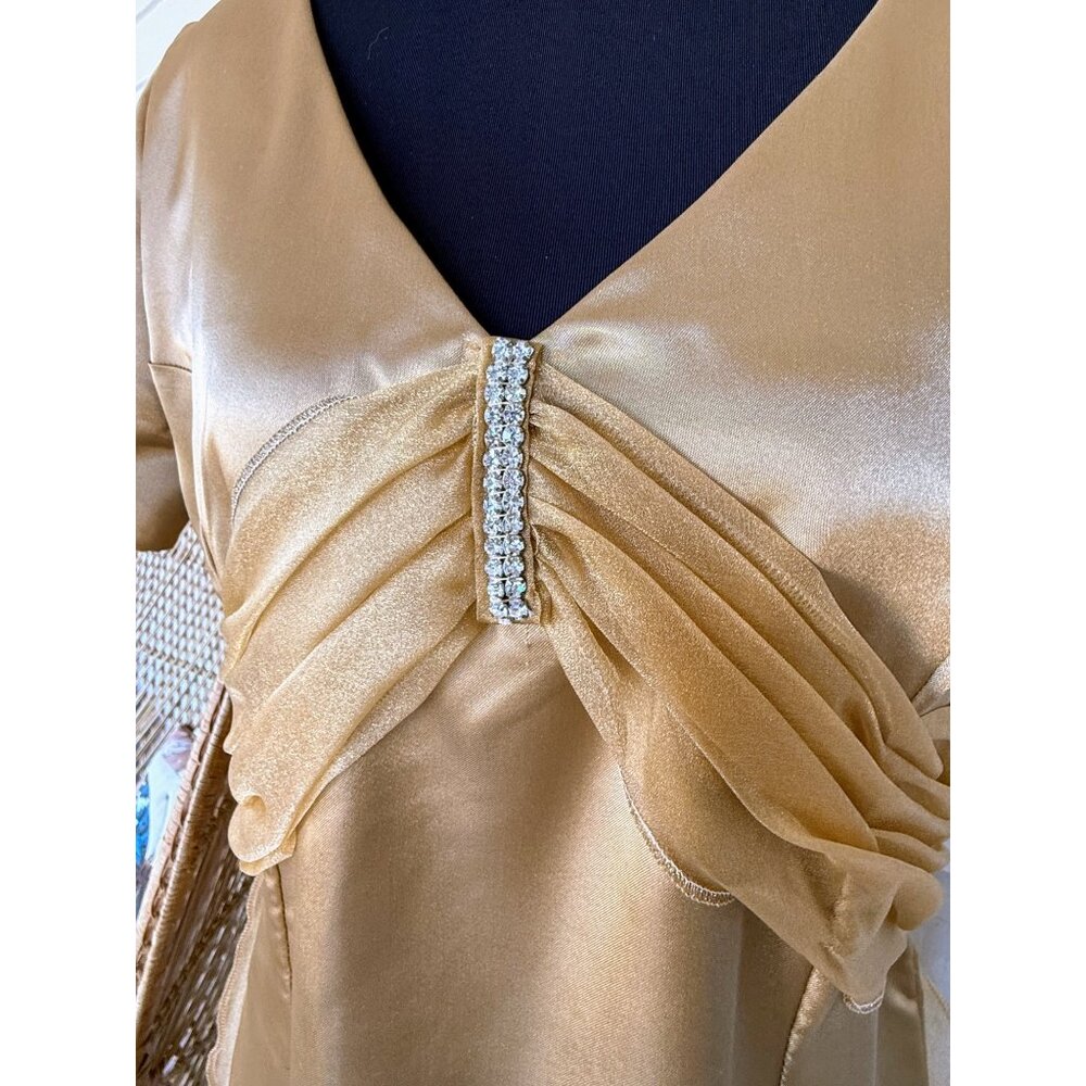 Vintage 60's Gold Satin Organza Formal Dress Rhinestones Bow Back M/L - Picture 3 of 16